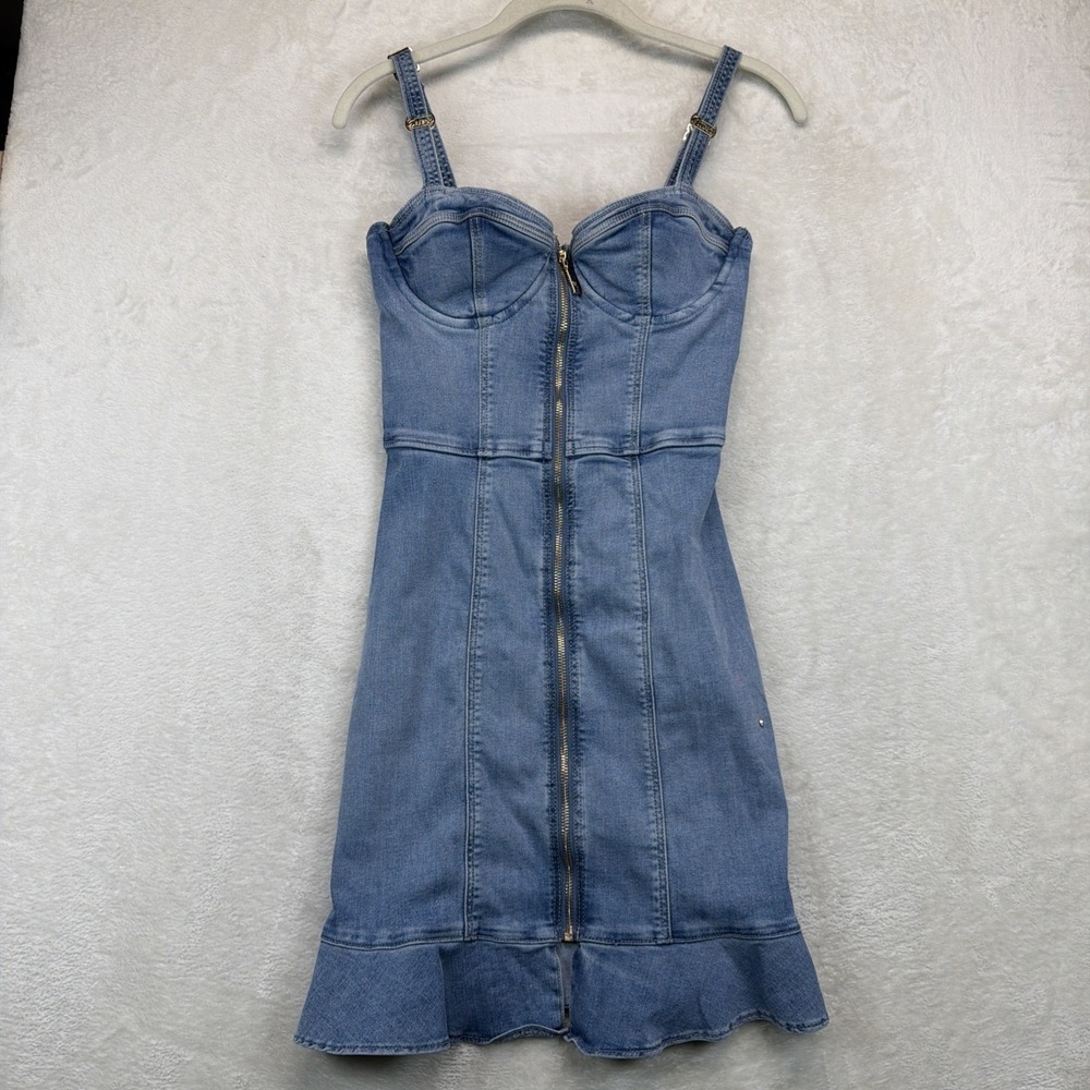 Guess Denim Corset Dress Women's XS Bustier Zip Front Fit & Flare Blue
